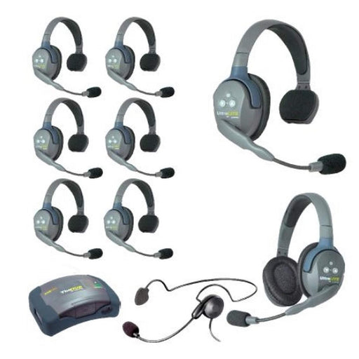 Eartec HUB971CYB wireless intercom system with 7 single-ear and 2 dual-ear headsets, compact HUB base, multi-port charger, and carry case.