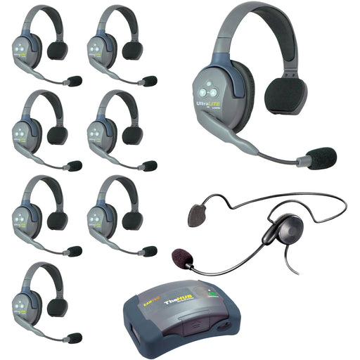 Eartec HUB9SCYB wireless intercom system with 9 single-ear headsets, compact HUB base, multi-port charger, and soft carry case.