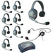 Eartec HUB9SCYB wireless intercom system with 9 single-ear headsets, compact HUB base, multi-port charger, and soft carry case.