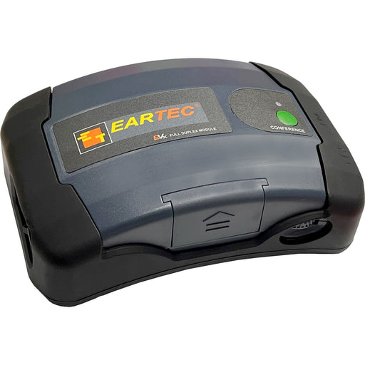 Eartec EVADE EVXCM C-MOD two-channel base station with belt clip, supporting full-duplex wireless communication for up to 32 users within a 1/2-mile range.