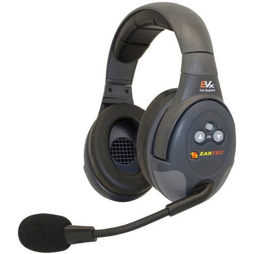 Eartec EVADE EVXDM dual-ear master headset with built-in transceiver, 270° swivel boom mic, and adjustable headband for full-duplex wireless communication.