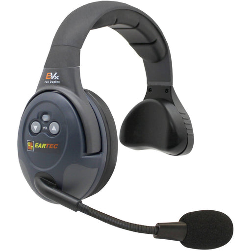 Eartec EVADE EVXSM single-ear master headset with built-in transceiver, 270° swivel boom mic, and integrated controls for full-duplex wireless communication.