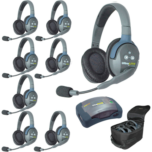 Eight-person Eartec HUB8D wireless intercom system with dual-ear headsets, portable HUB base station, and multi-port charger in a carrying case.
