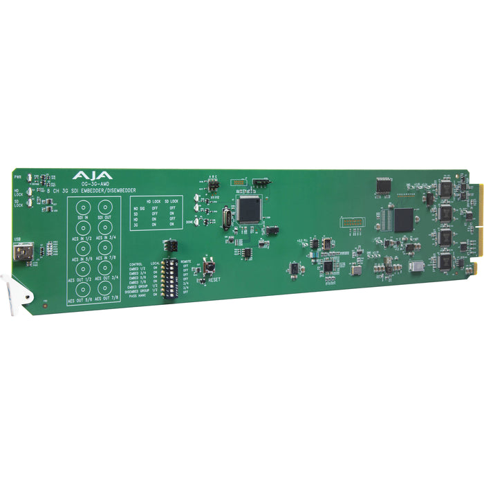 AJA OG-3G-AMD openGear card – 3G-SDI Analog Audio Embedder/Disembedder module for professional video workflows.