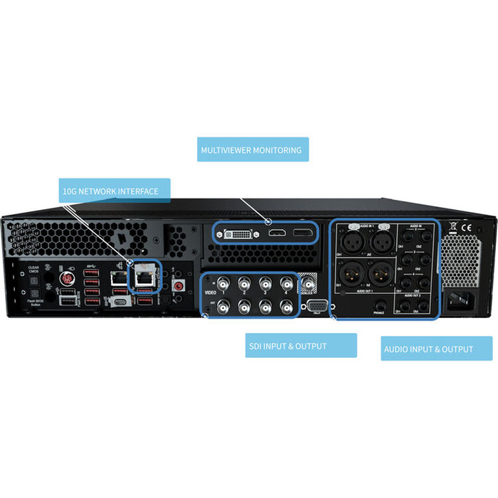 The Vizrt TriCaster TC1 (model FG-001587-R001) is a 2RU rack-mounted integrated video production system designed for live and on-demand multi-platform productions. It features a sleek black chassis with a front panel displaying the TriCaster logo and ventilation grilles on the sides. The rear panel is equipped with various input and output connections, including SDI, HDMI, and network ports, facilitating versatile connectivity options. This compact unit is suitable for small to mid-sized production environm