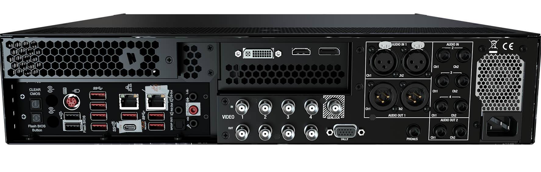 The Vizrt TriCaster TC1 (model FG-001587-R001) is a 2RU rack-mounted integrated video production system designed for live and on-demand multi-platform productions. It features a sleek black chassis with a front panel displaying the TriCaster logo and ventilation grilles on the sides. The rear panel is equipped with various input and output connections, including SDI, HDMI, and network ports, facilitating versatile connectivity options. This compact unit is suitable for small to mid-sized production environm