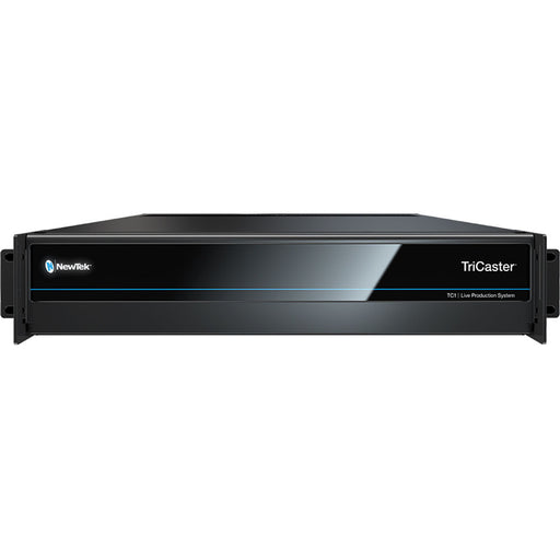 The Vizrt TriCaster TC1 (model FG-001587-R001) is a 2RU rack-mounted integrated video production system designed for live and on-demand multi-platform productions. It features a sleek black chassis with a front panel displaying the TriCaster logo and ventilation grilles on the sides. The rear panel is equipped with various input and output connections, including SDI, HDMI, and network ports, facilitating versatile connectivity options. This compact unit is suitable for small to mid-sized production environm