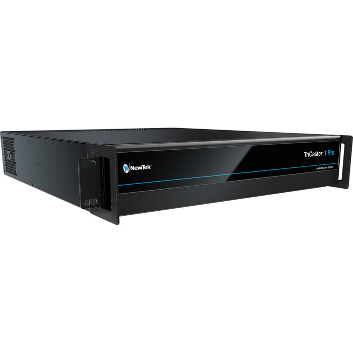 TriCaster TC1 professional live production system housed in a sleek 2RU rackmount chassis, featuring multiple SDI and NDI inputs, real-time streaming, 4K UHD support, built-in media playback, virtual sets, advanced audio mixing, and an intuitive control interface for seamless multi-camera broadcasting and live production workflows.