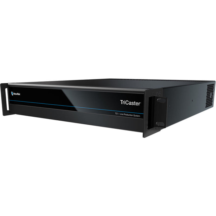 TriCaster TC1 professional live production system housed in a sleek 2RU rackmount chassis, featuring multiple SDI and NDI inputs, real-time streaming, 4K UHD support, built-in media playback, virtual sets, advanced audio mixing, and an intuitive control interface for seamless multi-camera broadcasting and live production workflows.