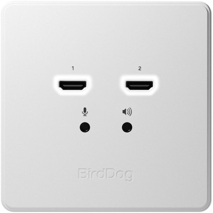 BirdDog BDWPIN Dual Input HDMI to NDI Wallplate installed in a conference room setting