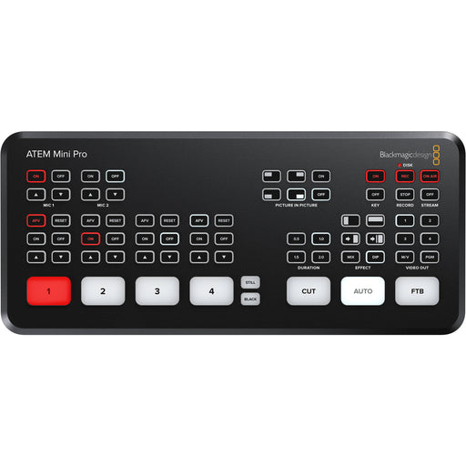 Blackmagic Design ATEM Mini Pro live production switcher with four HDMI inputs and integrated control panel.