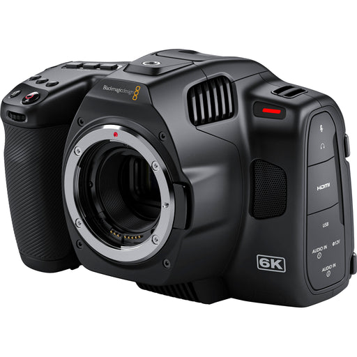 Blackmagic Design Pocket Cinema Camera 6K Pro with Canon EF mount, built-in ND filters, 5-inch HDR touchscreen, and dual native ISO for professional-quality video production.