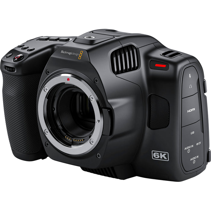 Blackmagic Design Pocket Cinema Camera 6K Pro with Canon EF mount, built-in ND filters, 5-inch HDR touchscreen, and dual native ISO for professional-quality video production.