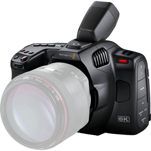 Blackmagic Design Pocket Cinema Camera 6K Pro with Canon EF mount, built-in ND filters, 5-inch HDR touchscreen, and dual native ISO for professional-quality video production.