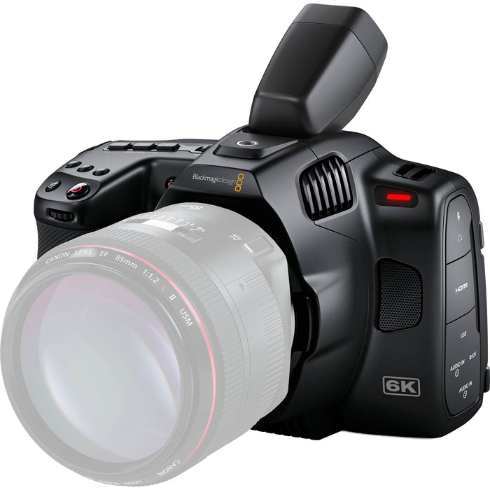 Blackmagic Design Pocket Cinema Camera 6K Pro with Canon EF mount, built-in ND filters, 5-inch HDR touchscreen, and dual native ISO for professional-quality video production.