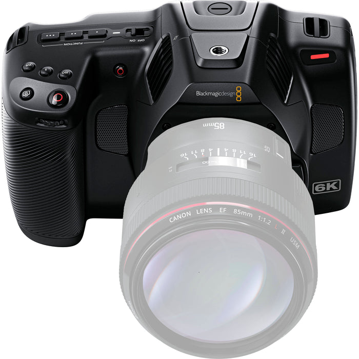 Blackmagic Design Pocket Cinema Camera 6K Pro with Canon EF mount, built-in ND filters, 5-inch HDR touchscreen, and dual native ISO for professional-quality video production.