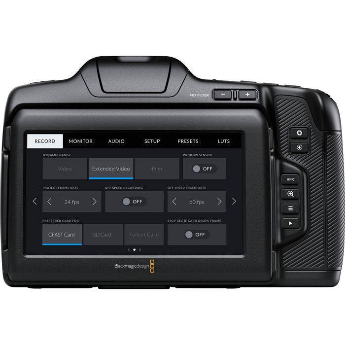 Blackmagic Design Pocket Cinema Camera 6K Pro with Canon EF mount, built-in ND filters, 5-inch HDR touchscreen, and dual native ISO for professional-quality video production.