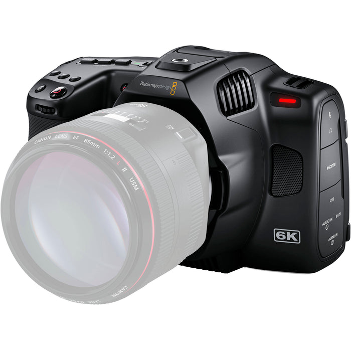Blackmagic Design Pocket Cinema Camera 6K Pro with Canon EF mount, built-in ND filters, 5-inch HDR touchscreen, and dual native ISO for professional-quality video production.