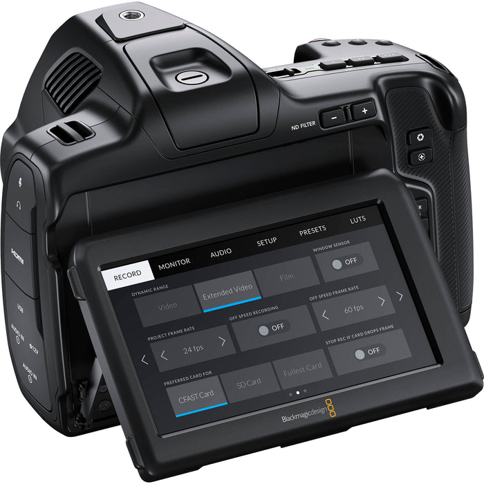 Blackmagic Design Pocket Cinema Camera 6K Pro with Canon EF mount, built-in ND filters, 5-inch HDR touchscreen, and dual native ISO for professional-quality video production.