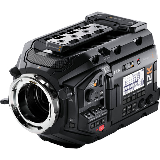 Blackmagic Design URSA Mini Pro 12K professional cinema camera with 12K Super 35mm sensor, 14 stops of dynamic range, and advanced Blackmagic RAW recording for high-end filmmaking and visual effects.