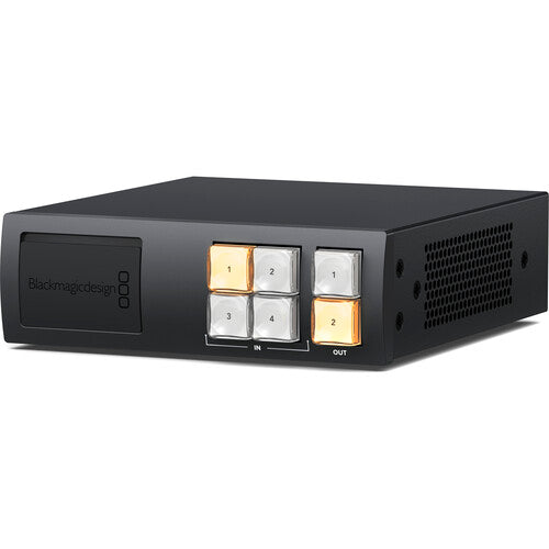 Blackmagic Design Videohub Mini 4Ã—2 12G video router front panel and rear connections