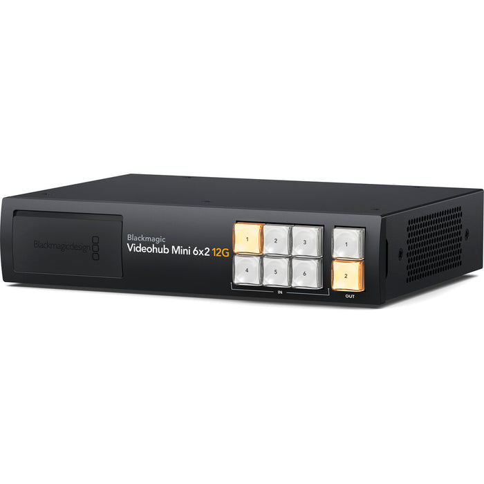 Blackmagic Design Videohub Mini 6x2 12G video router, half rack-width, showing front panel buttons and rear SDI connections