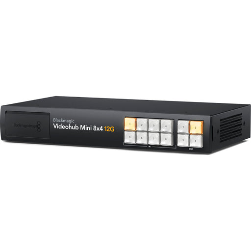 Blackmagic Design Videohub Mini 8x4 12G router â€“ front and rear view of compact broadcast SDI router