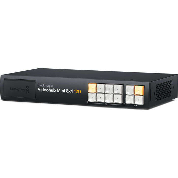 Blackmagic Design Videohub Mini 8x4 12G router â€“ front and rear view of compact broadcast SDI router