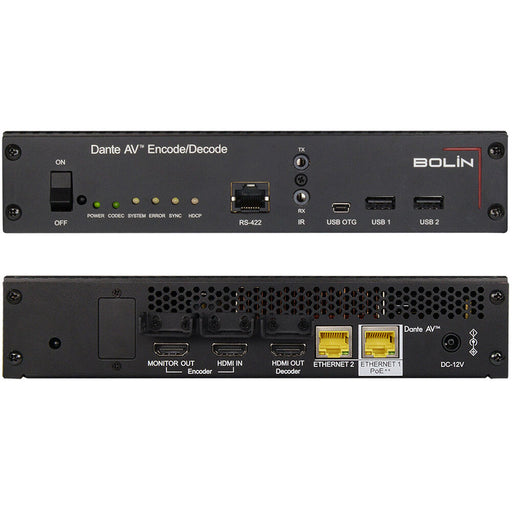 Bolin D20H Dante AV Ultra 4K Transceiver front and rear view with HDMI 2.0 ports