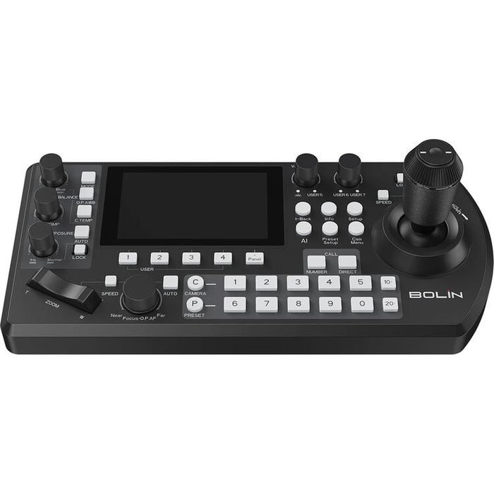 Bolin Technology KBD Plus advanced PTZ production controller with joystick, LCD display, and multi-camera control for broadcast, live production, corporate AV, and houses of worship.