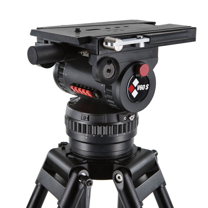 Camgear V60S STUDIO/OB ALMS Camera Tripod System with fluid head, heavy-duty legs, and mid-level spreader for professional video production.