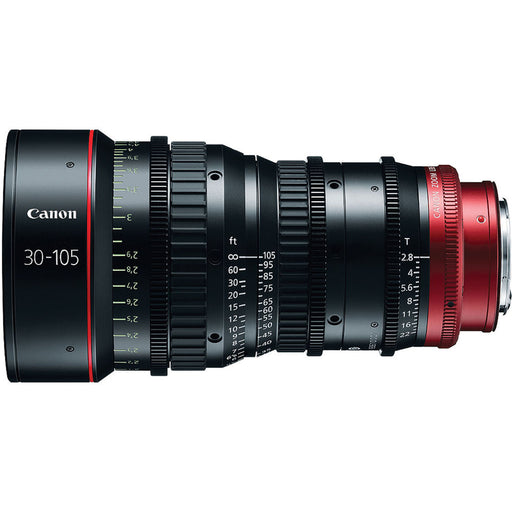 Canon CN-E 30-105mm T2.8 EF Mount Compact Cinema Zoom Lens for high-quality video production with smooth focus and precise aperture control.