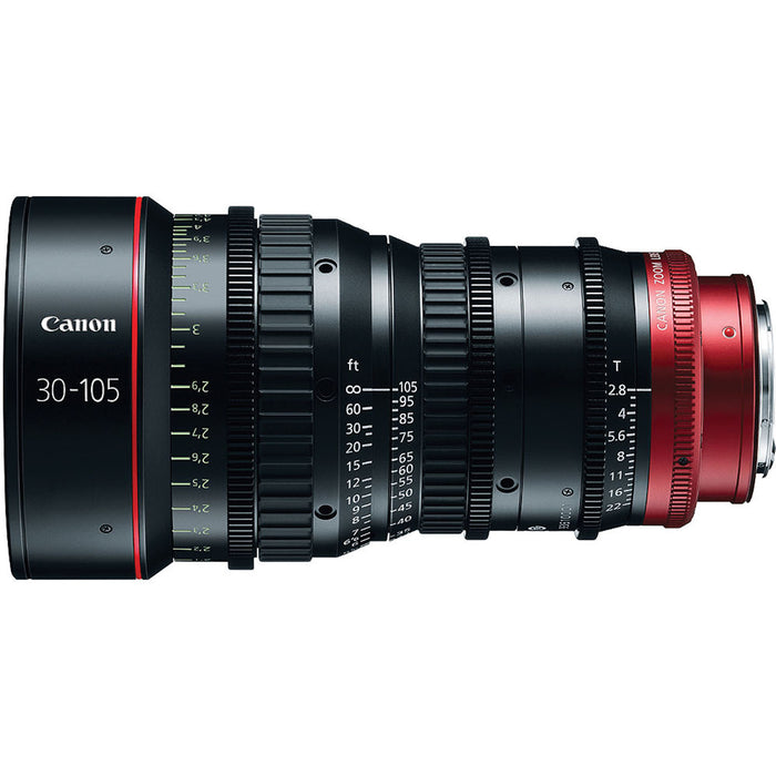 Canon CN-E 30-105mm T2.8 EF Mount Compact Cinema Zoom Lens for high-quality video production with smooth focus and precise aperture control.