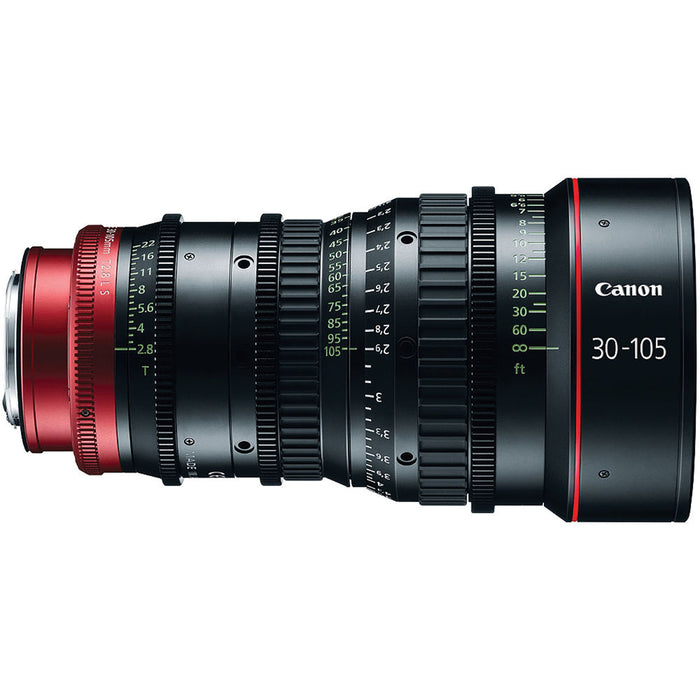 Canon CN-E 30-105mm T2.8 EF Mount Compact Cinema Zoom Lens for high-quality video production with smooth focus and precise aperture control.