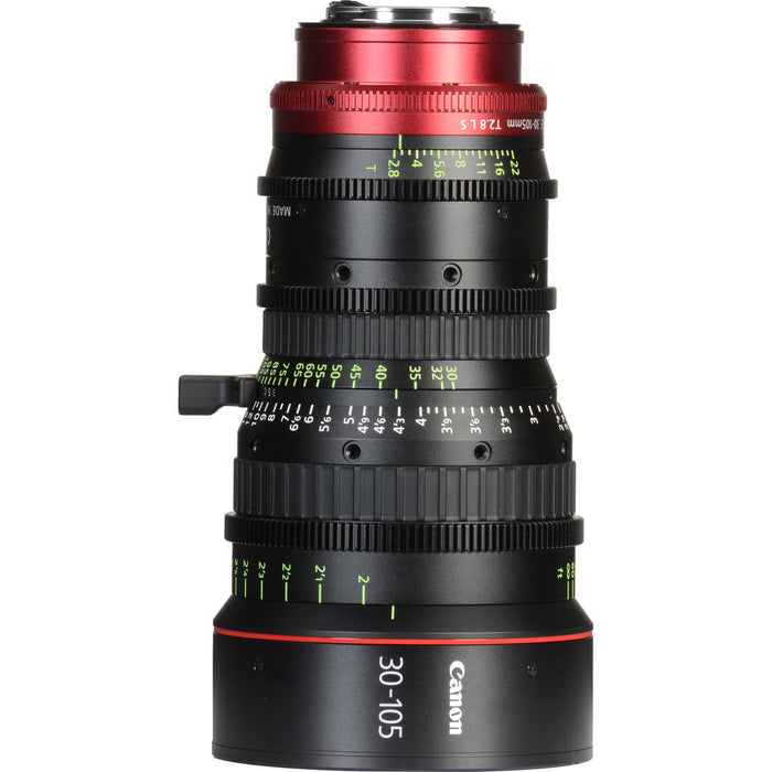 Canon CN-E 30-105mm T2.8 EF Mount Compact Cinema Zoom Lens for high-quality video production with smooth focus and precise aperture control.
