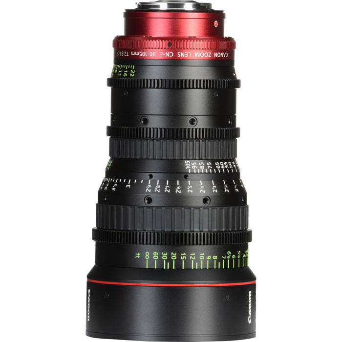 Canon CN-E 30-105mm T2.8 EF Mount Compact Cinema Zoom Lens for high-quality video production with smooth focus and precise aperture control.