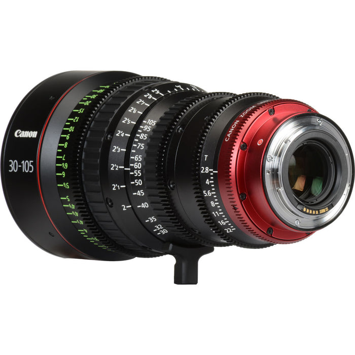 Canon CN-E 30-105mm T2.8 EF Mount Compact Cinema Zoom Lens for high-quality video production with smooth focus and precise aperture control.