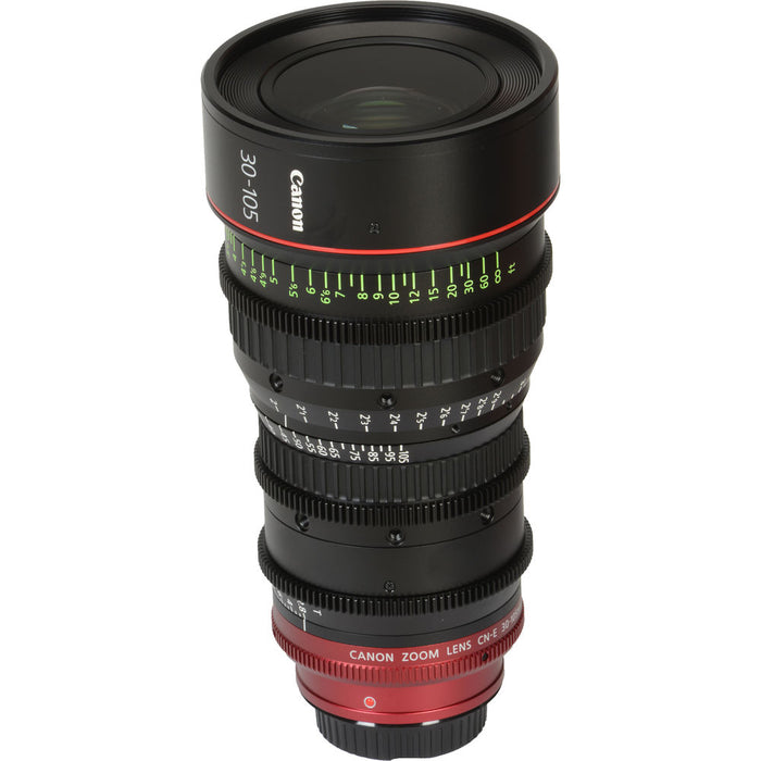 Canon CN-E 30-105mm T2.8 PL mount cinema zoom lens with high optical performance, compact design, and smooth focus control for professional filmmakers.