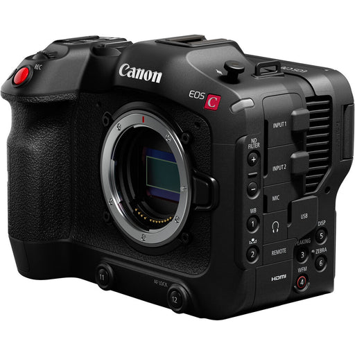 Canon EOS C70 Cinema Camera with RF Mount, featuring 4K Super 35 Dual Gain Output sensor, 16+ stops of dynamic range, and professional video capabilities.