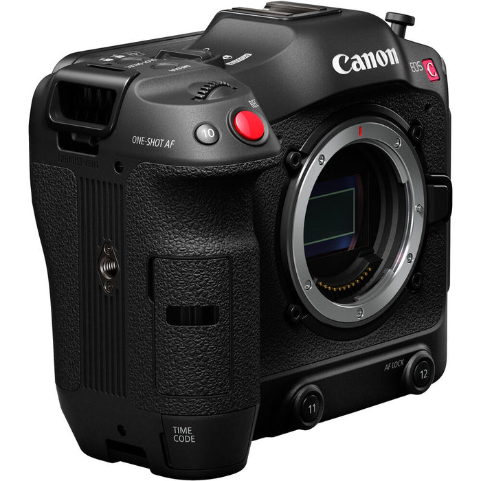 Canon EOS C70 Cinema Camera with RF Mount, featuring 4K Super 35 Dual Gain Output sensor, 16+ stops of dynamic range, and professional video capabilities.