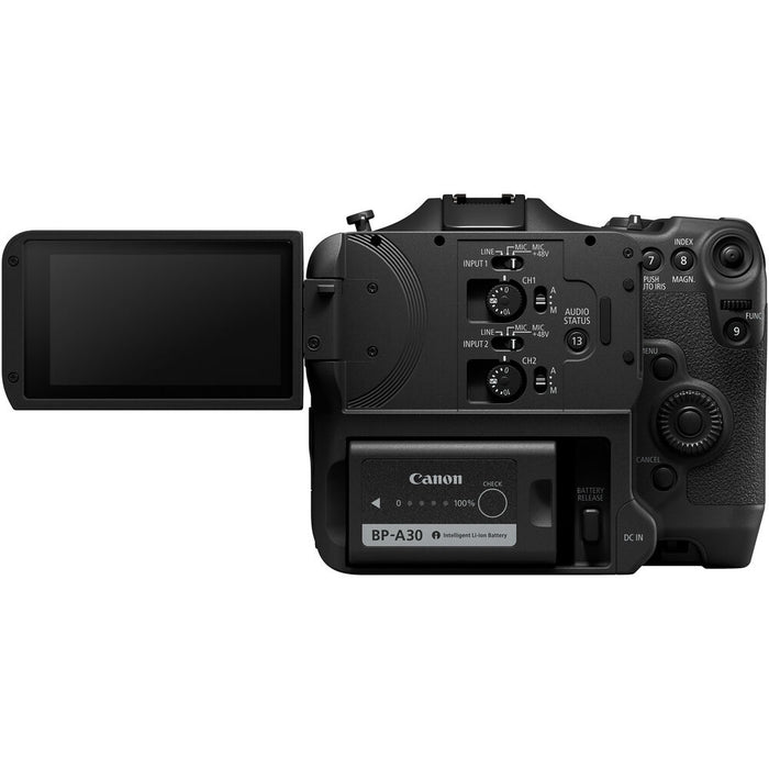 Canon EOS C70 Cinema Camera with RF Mount, featuring 4K Super 35 Dual Gain Output sensor, 16+ stops of dynamic range, and professional video capabilities.