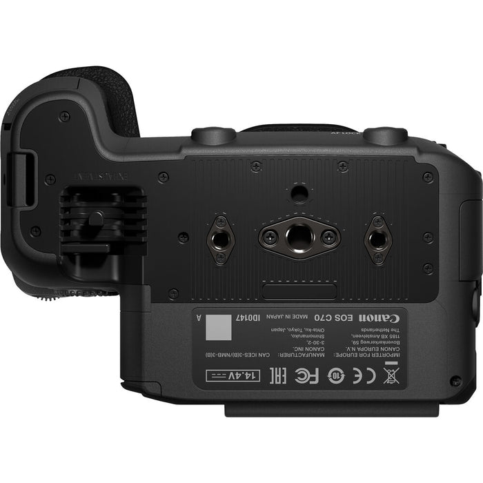 Canon EOS C70 Cinema Camera with RF Mount, featuring 4K Super 35 Dual Gain Output sensor, 16+ stops of dynamic range, and professional video capabilities.