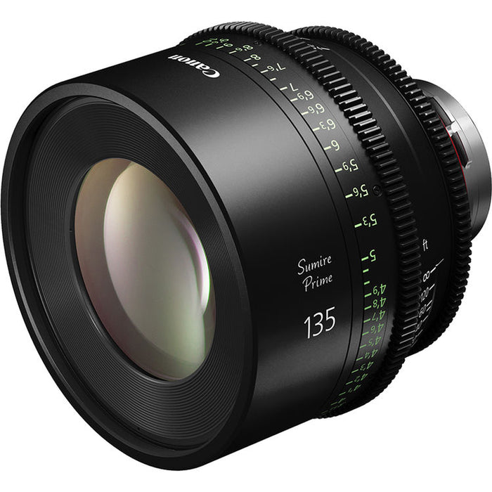 Canon Sumire Prime 135mm T2.2 cinema lens with PL mount and feet scale for full-frame cinematic production