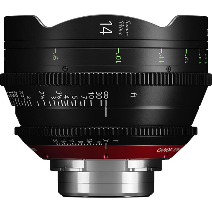 Canon Sumire Prime 14mm T3.1 cinema lens with PL mount and feet scale for full-frame cinematic production