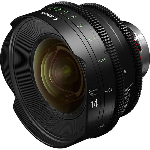 Canon Sumire Prime 14mm T3.1 cinema lens with PL mount and feet scale for full-frame cinematic production