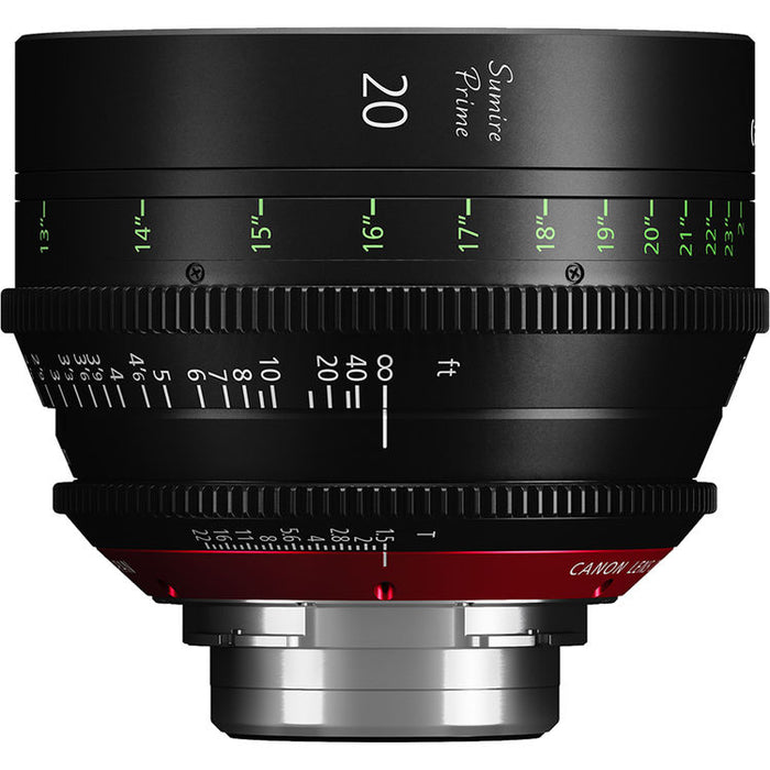 Canon Sumire Prime 20mm T1.5 cinema lens with PL mount and feet scale for full-frame cinematic production