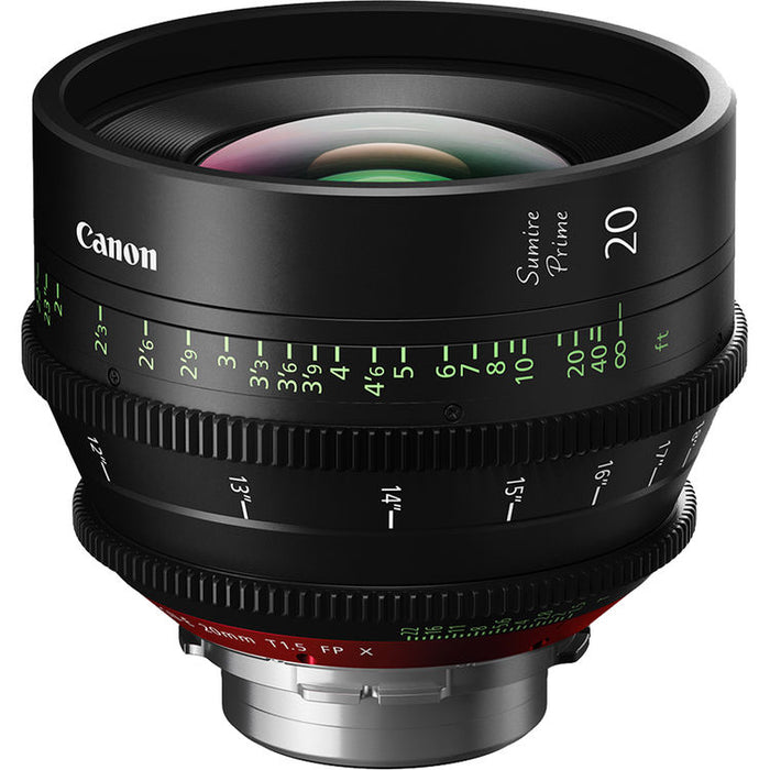 Canon Sumire Prime 20mm T1.5 cinema lens with PL mount and feet scale for full-frame cinematic production