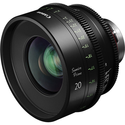 Canon Sumire Prime 20mm T1.5 cinema lens with PL mount and feet scale for full-frame cinematic production