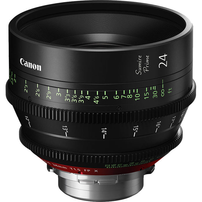 Canon Sumire Prime 24mm T1.5 cinema lens with PL mount and feet scale for full-frame cinematic production