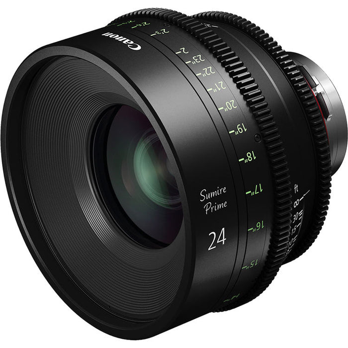 Canon Sumire Prime 24mm T1.5 cinema lens with PL mount and feet scale for full-frame cinematic production